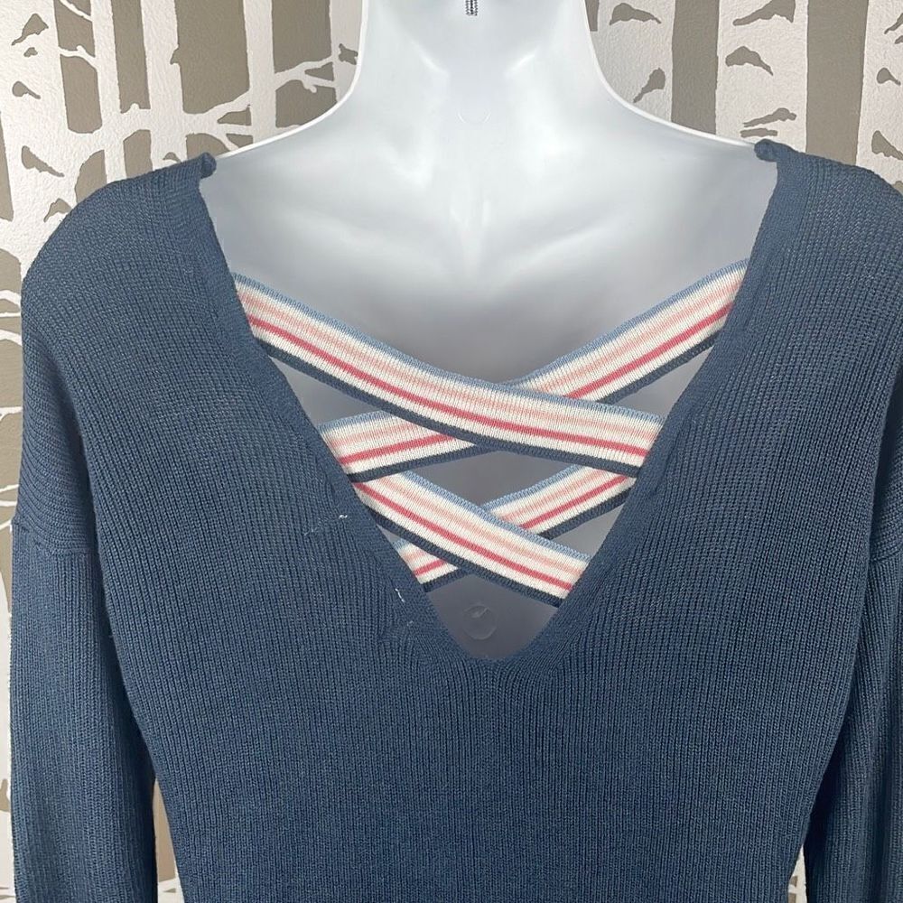 Hippie Rose Navy Blue Ribbed Knit Crossback Detail Sweater sz S